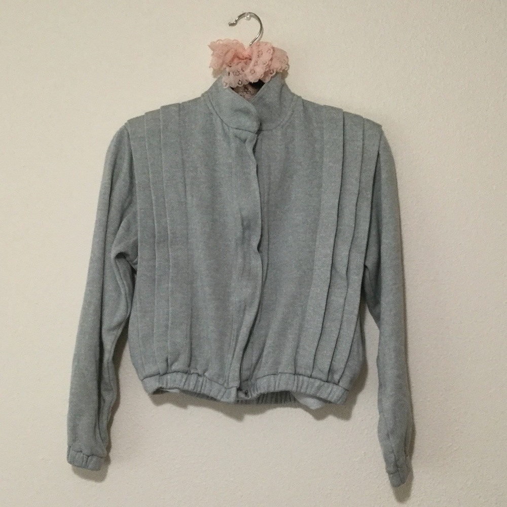 Light Gray Pleated Elastic Waist Cropped Zip-up Jacket